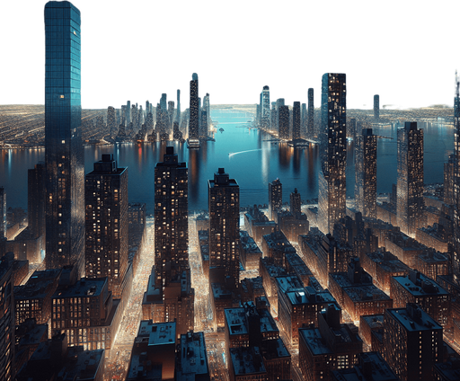 Photorealistic and ultrawide panoramic landscape from New york at night.