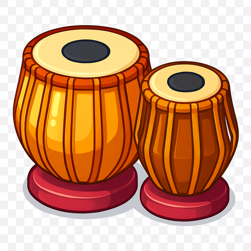 A colorful, cartoon-style illustration of a traditional Indian tabla drum set with two hand drums (bayan and dayan). Soft shadows, clean outline, slightly 3D style, transparent rounded background. Mobile game-friendly icon..
In-Game asset.  2d.  High contrast.  No shadows