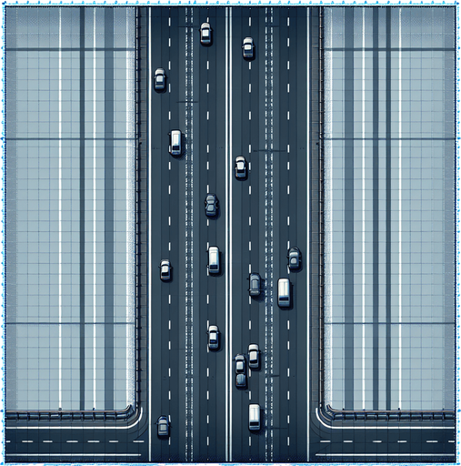 four-lane road on full image.
Single Game Texture. In-Game asset. 2d. Blank background. High contrast. No shadows.