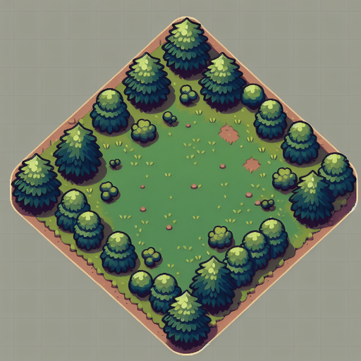 top down forest clearing with small bushes..
Single Game Texture. In-Game asset. 2d. Blank background. High contrast. No shadows.