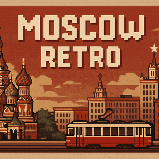 A horizontal banner with a wide aspect ratio and minimal height, designed for use as a website or app header. The style is retro pixel art, inspired by 1980s aesthetics. The scene showcases iconic elements of Moscow, such as Saint Basil's Cathedral, Soviet-era buildings, and vintage trams, all rendered in colorful pixel art. The color palette should include muted reds, browns, and creams to evoke nostalgia. Include the text “Moscow Retro” in bold, pixel-style font, seamlessly integrated into the scene. The design should be panoramic, with clear left-to-right flow and plenty of horizontal detail, while keeping vertical elements minimal to preserve the banner’s low height..
In-Game asset.  2d.  High contrast.  No shadows