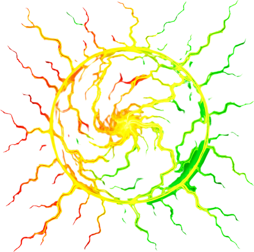An solid plasma ball of electrical force emanating power filled with reds yellows and green electric power.
In-Game asset.  2d.  High contrast.  No shadows