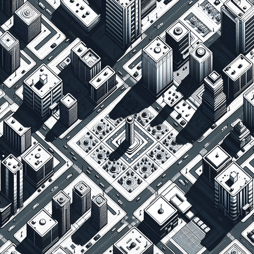 A top down view of a city.
Single Game Texture. In-Game asset. 2d. Blank background. High contrast. No shadows.