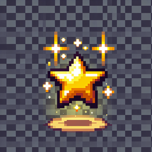 A small, glowing golden star collectible in pixel art style. Shiny with a subtle sparkle effect, floating slightly above the ground. Simple and bright, easy to spot during fast gameplay. Designed to reward players for precision jumping. Transparent background..
Single Game Texture.  In-Game asset.  2d.  Blank background.  High contrast.  No shadows