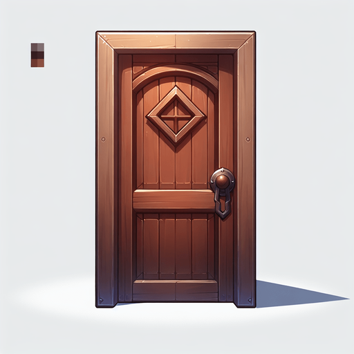 Uma Porta de madeira para frente com machaneta marrrom..
Single Game Texture. In-Game asset. 2d. Blank background. High contrast. No shadows.