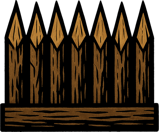 Crea picos de madera, que todos estén unidos en una tablilla por abajo y que arriba estén los picos.
In-Game asset.  2d.  High contrast.  No shadows