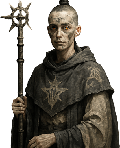 A solemn female cleric in soot-gray robes adorned with ash motifs and sun-bleached fabric. 39 years old, with a thin, gaunt frame, shaved head except for a braided black topknot, pale skin, and glowing amber eyes. Ash marks are smeared across her face in ritual patterns. Holding a prayer staff made of burned oak and silver. She stands in a scorched temple, sunlight breaking through cracked stone. Realistic, highly detailed, sacred atmosphere. realistic.
In-Game asset.  2d.  High contrast.  No shadows