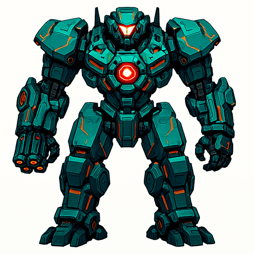 different cyber big Robot enemy from the front side facing camera. HD colors. separated
In-Game asset.  2d.  High contrast.  No shadows