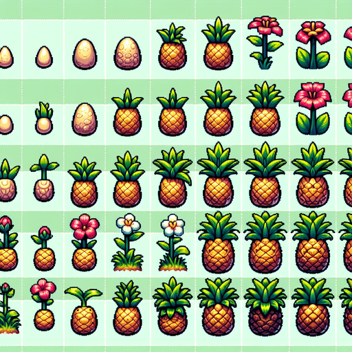 A spritesheet showing a pineapple plant in various stages of germantion, from seed over sapling, to bloom and to full grown plant, and then the ripe fruit. The sprites should be laid out in a rectangular grid with blank space between them.. Single Game Texture. In-Game asset. 2d. Blank background. High contrast. No shadows..
Single Game Texture. In-Game asset. 2d. Blank background. High contrast. No shadows.