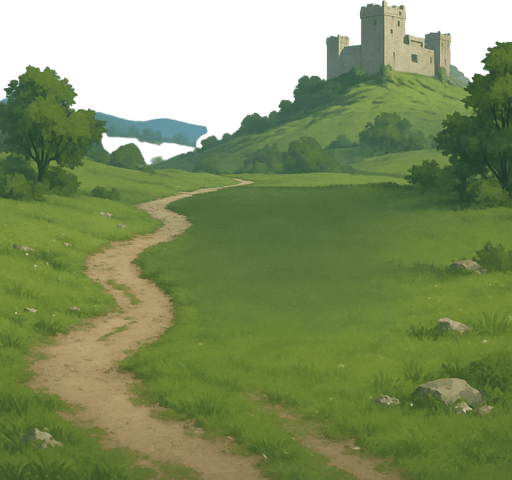 Gerçek hayata yakın bir menü arka planı istiyorum. Yeşil doğa, çimenlikler ve taş yollar olsun. Uzakta bir kale ya da yapı görünsün. Gökyüzü mavi ve açık olsun, hava gündüz gibi. Renkler doğal tonlarda olsun, altın veya süslü detaylar olmasın. Arka plan sade ve huzurlu bir ortam sunsun, ortası menü için boş ve hafif koyu olabilir..
In-Game asset.  2d.  High contrast.  No shadows