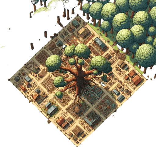 From the vantage point of a lofty tree branch, the world unfolds in a panoramic display of nature and human activity..
Single Game Texture. In-Game asset. 2d. Blank background. High contrast. No shadows.
