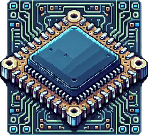 pixel art of a microchip no shadows.
Single Game Texture. In-Game asset. 2d. Blank background. High contrast. No shadows.