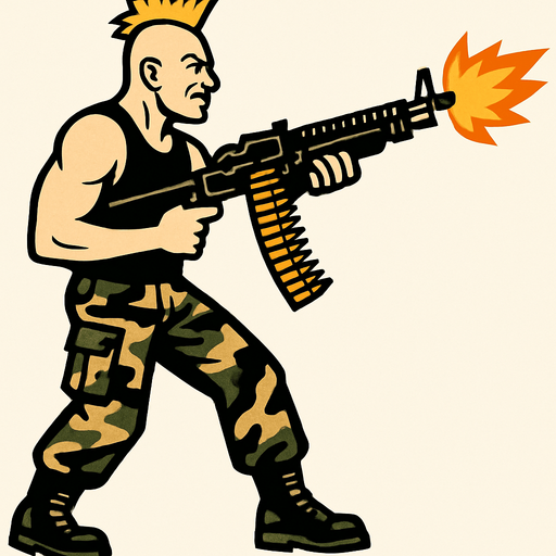un hombre de 90 kilos rubio con un mohicano con una camiseta de tirantes negra con pantalones de militar disparando un m60 sin brazo con la perspectiva lateral de cuerpo completo.
In-Game asset.  2d.  High contrast.  No shadows
