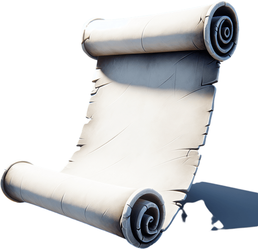 old white scroll unfurled blank no shadows Single Game Texture. In-Game asset. 2d. Blank background. High contrast. No shadows.