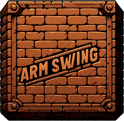 a forward facing brick with the writing "Arm Swing" Single Game Texture. In-Game asset. 2d. Blank background. High contrast. No shadows.
