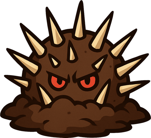 una planta que emerge del suelo como una masa de tierra marrón, semi-enterrada. De ella sobresalen una serie de púas afiladas de color beige, de diferentes tamaños y ángulos, dispuestas en varias filas. En el centro, asoman dos ojos pequeños y rojos, con una mirada intensa y ligeramente enojada..
In-Game asset.  2d.  High contrast.  No shadows