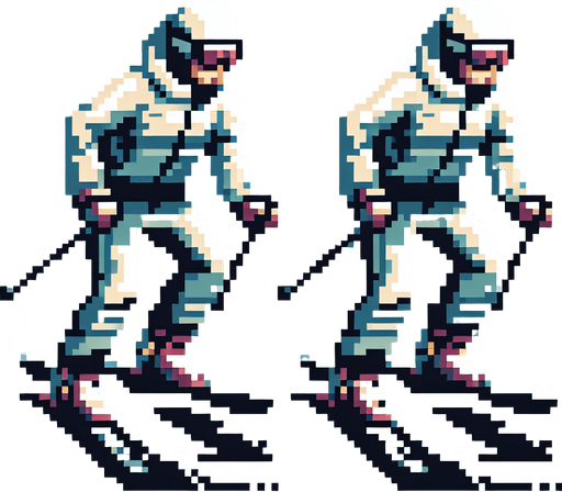 Pixel art of a Skiier. front view. side view..
In-Game asset. 2d. Blank background. High contrast. No shadows.