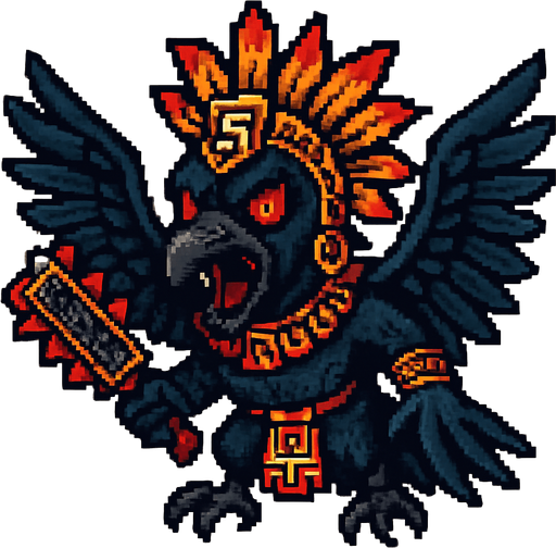 Genérame una Paujil guerrero azteca con eso patrones, estilo pixelar, con una apariencia maligna, ojos rojos, rabioso. Unidad aerea con alas. Animal.
In-Game asset.  2d.  High contrast.  No shadows