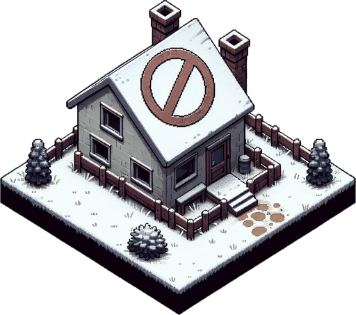 overhead view of drab house with giant prohibition symbol snowy lawn video game asset 2d blank background Single Game Texture. In-Game asset. 2d. Blank background. High contrast. No shadows.