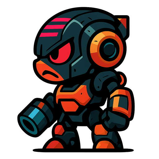 Side view, angry cyberpunk robot, looking left. full body, cute but aggro
In-Game asset.  2d.  High contrast.  No shadows