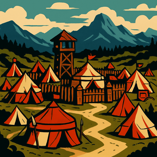 Büyük savaşçı kampı uzaktan görünüm.
In-Game asset.  2d.  High contrast.  No shadows