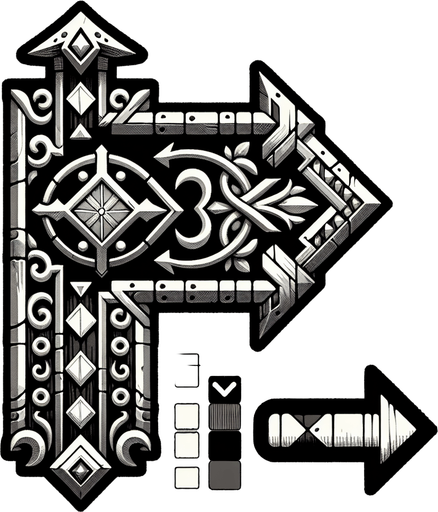 Cartel medieval con forma de flecha hacia la derecha.
Single Game Texture.  In-Game asset.  2d.  Blank background.  High contrast.  No shadows