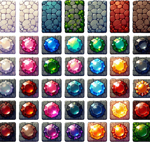 A spritesheet with different mystical floor tiles from a magical realm, each inlaid with bright gemstones of different colors. The tiles should be in the same basic style, with either a granite or other rock basis beneath the gemstones. The spriteshett should be laid out in a rectangular grid with empty space between each tile. The following colors of gemstones must be present: white, pink, green, red, blue, yellow, purple, brown, gray and orange.
Single Game Texture. In-Game asset. 2d. Blank background. High contrast. No shadows.