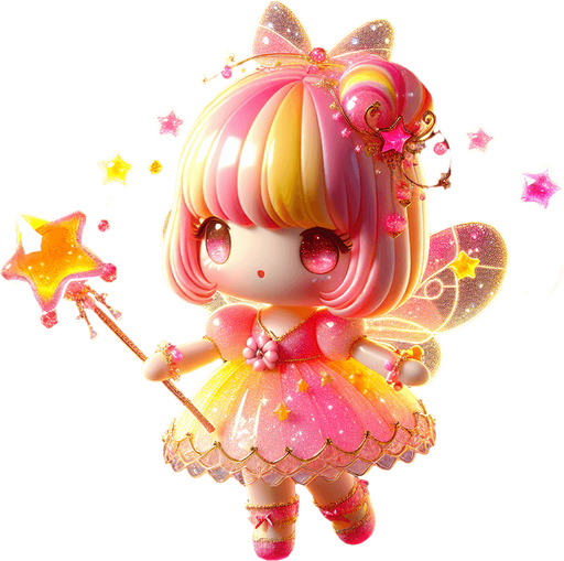 A very colourful sparkling pink fairy doll in yellow orange and soft colours kawaii doll with glowing jellys stars kawaii sweet beautiful wearing beautiful dress shoes magical wand.
Single Game Texture. In-Game asset. 3d. Blank background. High contrast. No shadows.theme