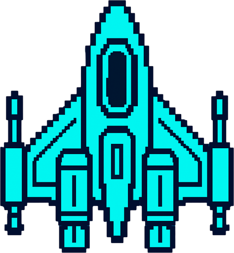 Cyan renginde 2D retro tarzı bir uzay gemisi.
In-Game asset.  2d.  High contrast.  No shadows