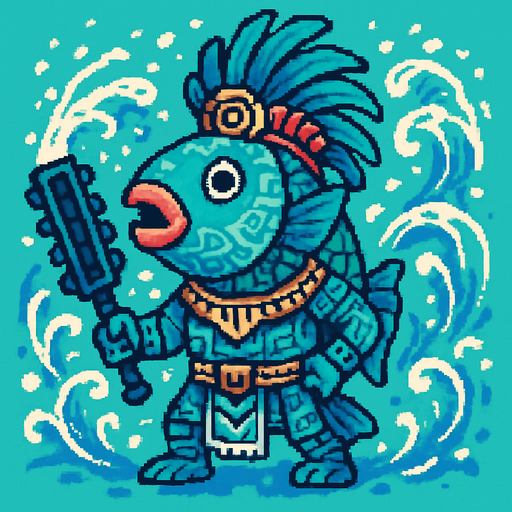 Generame un guerrero azteca con patrones, estilo pixelar, además será una Pez loro, con efectos de AGUA.
In-Game asset.  2d.  High contrast.  No shadows
