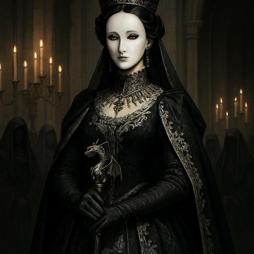 A regal yet enigmatic queen in a black and silver gown, wearing a porcelain mask with only her golden eyes visible. Female, 36 years old, tall and poised, dark wavy hair pinned in a jeweled crown, pale flawless skin. Her gloved hands rest on an ornate scepter with a dragon motif. She stands in a candle-lit throne room surrounded by veiled courtiers. Realistic, highly detailed, gothic royal style. realistic.
In-Game asset.  2d.  High contrast.  No shadows