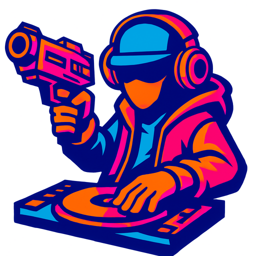 DJ with blaster.
In-Game asset.  2d.  High contrast.  No shadows