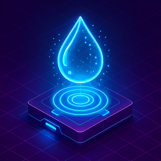 Top down isometric neon cyberpunk 3d glowing water drop hologram projection