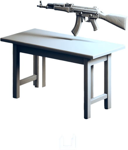 a table with a gun.
In-Game asset. Blank background. High contrast.