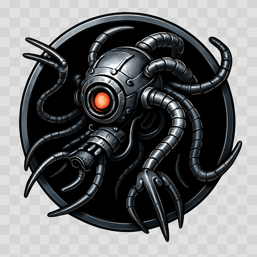 Creat a singular circular asset that features a 3D version of a sentinal from the film the matrix. Asset to have a metallic feel, and the background is to be transparent.
In-Game asset.  2d.  High contrast.  No shadows