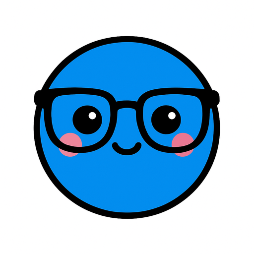 crea la imagen de una pelotita azul kawai con lentes y simple.
In-Game asset.  2d.  High contrast.  No shadows