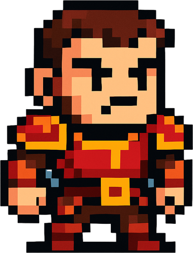 Genera una imagen de un guerrero pixel, sin armas, y que tenga la cabeza un poco más grande que el cuerpo tipo pixel.
In-Game asset.  2d.  High contrast.  No shadows