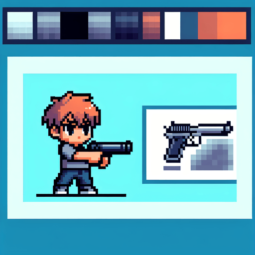 Make an 8 bit boy with a gun.
Single Game Texture.  In-Game asset.  2d.  Blank background.  High contrast.  No shadows