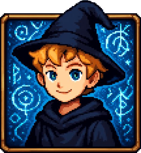 "2D pixel art of a young male wizard child with short, wavy blonde hair and bright blue eyes, wearing a long, flowing black robe. He is facing forward, smiling, looking directly at the viewer with a calm, focused expression. The character is framed inside a square border, like a portrait or selection window in a fantasy RPG. The background inside the square is filled with glowing blue magical symbols, glyphs, and swirling arcane energy to create a mystical atmosphere. The pixel art style is classic 16-bit fantasy RPG, with detailed shading and rich colors. The area outside the square frame is transparent.".
In-Game asset.  2d.  High contrast.  No shadows