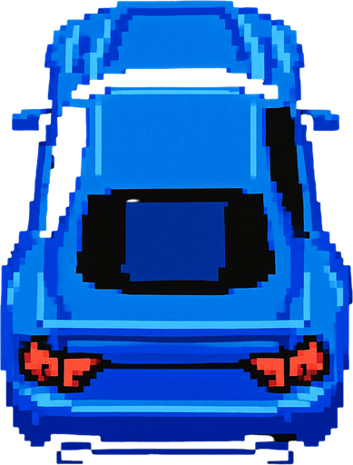 carro azul deportivo con la perspectiva hacia arriba.
In-Game asset.  2d.  High contrast.  No shadows hecho con pixeles acelerando con perspectiva trasera sin el rastro