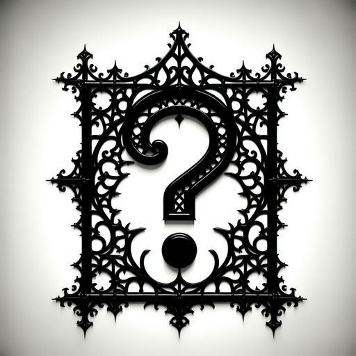 black gothic frame with a question mark inside silhouette.
Single Game Texture. In-Game asset. 2d. Blank background. High contrast. No shadows.
