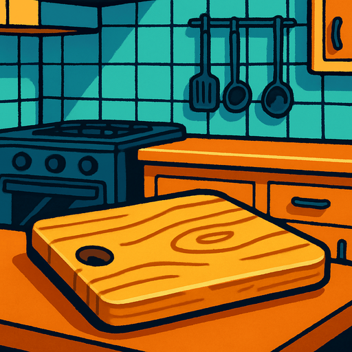 a chopping board with a kitchen background.
In-Game asset.  2d.  High contrast.  No shadows