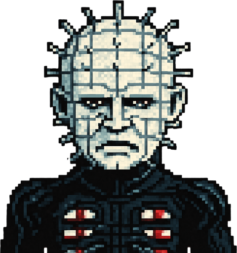 pinhead hellraiser pixel art.
In-Game asset.  2d.  High contrast.  No shadows