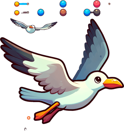 A cartoon seagull. Flying, side profile..
Single Game Texture.  In-Game asset.  2d.  Blank background.  High contrast.  No shadows