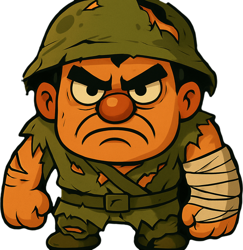 elbisesi ve şapkası yırtılmış kolu sargıda