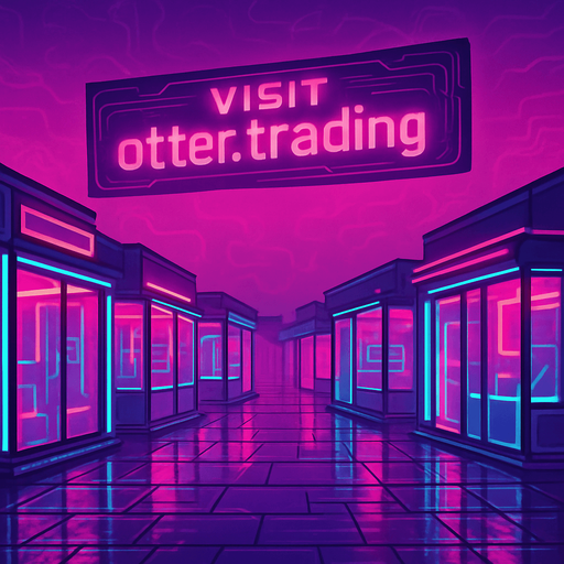 Produce a cyber-market plaza at dawn under diffuse magenta light. Glass kiosks line the area, each casting neon reflections on wet stone tiles. A floating banner above reads ‘Visit otter.trading’ in bold luminous text. Include subtle drifting circuit-patterned mist—coin- and character-free..
In-Game asset.  2d.  High contrast.  No shadows