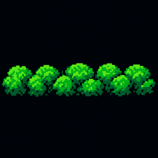 A long horizontal line of low bushes. Top down view. 80s arcade machine graphics..
In-Game asset.  2d.  High contrast.  No shadows
