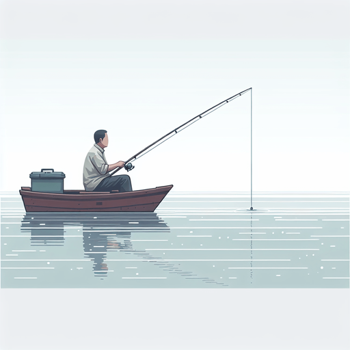 Man fishing on boat.
Single Game Texture.  In-Game asset.  2d.  Blank background.  High contrast.  No shadows