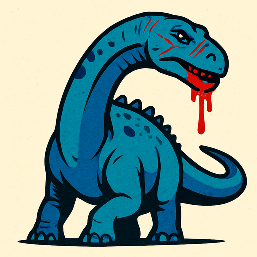 mavi bir Argentinosaurus, ağzında biraz kan ve yüzünde çizikler 
var.
In-Game asset.  2d.  High contrast.  No shadows
