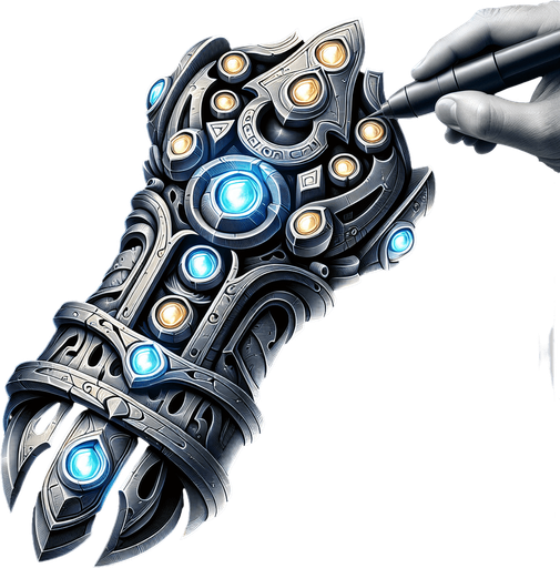 A stylized metallic bracer or weapon hilt showing empty sockets being filled by small, glowing runes or gems..
Single Game Texture.  In-Game asset.  2d.  Blank background.  High contrast.  No shadows